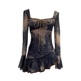 And Summer New French Style Tie Dyed Horn Long-Sleeved Lace Side Design T-Shirt