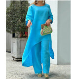 New Women's Cotton And Cotton Fashion Casual Large Code Irregular Long-Sleeved Set Of Wide Leg Pants Two