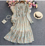 And Autumn Gentle Wind Korean Version Of Sweet Round Collar Lote Side To Receive Waist Thin A Word Broken Flower Chiffon Dress