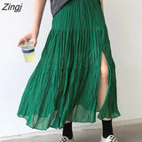 Women Loose Casual Simple Side-slit Folds High Waist Summer Thin Sexy Ladies Clothes Daily Harajuku Elegant Midi