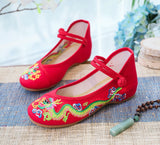 Zingj Dragon] Retro Embroidery Dragon Grain Shallow Mouth Plate Buckle Low Heel Canvas Embroidered Cloth Shoes Women's Single