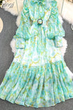 Autumn Rose Red/Green Tie Dye Print Party Long Dress Elegant Bow Collar Lantern Sleeve High Waist Ruffle Hem Vestidos