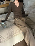 Tea Color V-Neck Knitted Shirt Slimy Temperament Fashion Thin Inside The Bottom Shirt Tight Cashmere Sweater