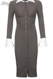 Casual Flare Sleeve Skinny Solid Midi Dress Female Elegant Ruched Buttons Up Autumn Shirt Dress Slim Ladies