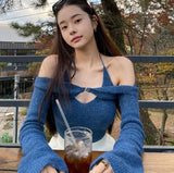 Zingj Pure Desire Wind Hot Girl Women's Sexy V Neck Hanging Neck Exposed Back Strap Vest One Word Collar Long Sleeve Vest
