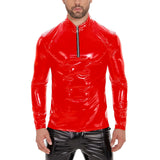 Zingj Men's PU Mirror Bright Leather Long Sleeve Casual Leather Jacket Slim Zipper Standing Collar T-Shirt Smell