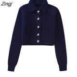 Women Sweet Diamond Bow Button Solid Short Knitting Sweater Female Chic Turn Down Collar Casual Cardigan Coat Tops