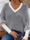 And Winter New Loose Knitted Stripes V Collar Bat Sleeve Splicing Stuff Sweater Women's