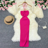 Zingj Sunshine Wind Sweet Slim Show Thin Tight Knit Dress Socialite Temperament Hanging Neck Off The Shoulder Slit