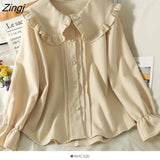 Sweet Peter Pan Collar Blouse Women Korean Preppy Style Puff Sleeve White Shirts Office Lady Elegant Design Button