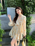 Xixi 2025 New French Printing Retro High-Waist Long Sleeves Thin Dress Short Skirt