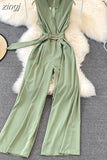 Vintage V-Neck Sleeveless High Waist Jumpsuits Women Elegant Loose Wide Leg Romper With Sashes Female Playsuits New