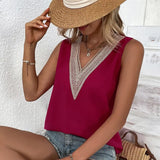 Summer Sleeveless Tank Tops V-neck Chiffon Shirt Woman Lace White Satin Blouse Casual Loose Office Lady Elegant