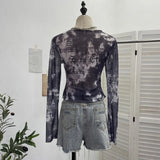 Shooting Hottie Perspective Dye Mesh Spliced Denim Long-Sleeved Shirt T-Shirt T-Shirt
