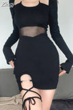 Asymmetrical Fashion Bodycon Halter Neck Black Dress Mini Gothic Lace Up Mesh Spliced Club Sexy Women's Dresses