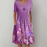 Floral Print Round Neck Pocket Mid-length