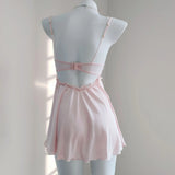O High-End Sexy Ice Silk Pyjamas Women Autumn New French Style With Chest Pads With Pyjamas