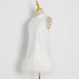 Zingj Sense Ostrich Hair Splicing Lady A-Line Dress 2024 Summer New Sleeveless Solid Color