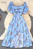 Vintage Women Printed Dresss Sexy Square Collar Short Puff Sleeve High Waist A-Line Vacation Beach Vestidos Female