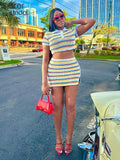 Knitted Striped Two Piece Sets Short Sleeve Stretch Classic Lapel Tops+Mini Split Skirts Matching Streetwear