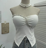 Hanging Neck Small Sling With Drill With Chest Pad Irregular Wearing Sleeveless Knitting Top