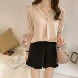 Summer Tops Blouse Women Solid V-neck Short Sleeve Chiffon Blouse Women Elegant Korean Loose Slim New Ladies Tops