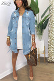 Women's Hole Patch Denim Jackets Lady Fashion Long Sleeve Ripped Distressed Denim Long Jacket Coat Outwear Women