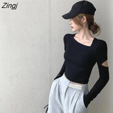 Sleeve T-shirts Women Simple College Slim Sexy Hollow Out Elegant Fashion All-match Solid Female Crop Tops New Korean