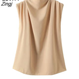 women fashion solid color stand collar pleats sleeveless smock shirt ladies office blouses chic roupas femininas tops