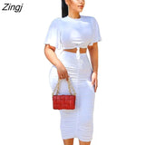 Spring Summer Women Sexy Solid Bodycon Midi Skirt Set Slim Fit Outfits Crop Tops 2 Two Piece Matching Set