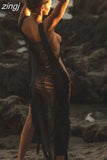 Knitted Sexy Tank Dresses Women Sleeveless Tassels V Neck Hollow Out Party Maxi Dress Female Side Slit Straight
