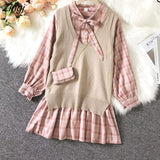 Style Sets Women Retro Plaid Mini Pleated Dress Knitted Vest Spring Autumn Elegant Korean Outfits Sweet Vintage