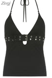 Streetwear Punk Style Halter Neck Black Crop Top Female Gothic Grunge Backless Summer Tops Buckle Eyelet Camisole