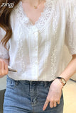 Sleeve White Shirt Women Summer Tops Office Chiffon Blouse Women with Lace Ctochet Button Up V Neck Clothing Blusas