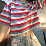 Sleeve T-shirts Women Rainbow Colors Stripped Fashion Summer Student Sweet Girls Clothes Leisure Breathable Ins