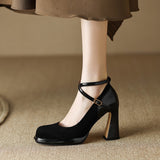Thick Heel Cross Strap Single Shoes Women's Spring 2025 New Soft Leather Square Head Mary Jane Shallow High
