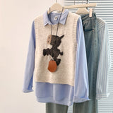New Vest Sweet And Cute Cartoon College Style Knitted Winter Round Sweater Collar Sweater Bottom Shoulder