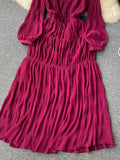 Autumn Women Draped Chiffin Dress Femael Vintage Round Neck Puff Long Sleeve High Waist A-Line Loose Pleated Robe