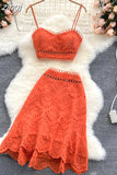 Bohemian Hollow Out 2pcs Set Women Sexy V-Neck Spaghetti Strap Short Tops + High Waist Ruffle Mini Skirt Female Suit