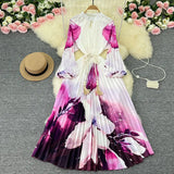 Zingj Luxury Retro French Round Collar Lantern Long Sleeve Print Dress Women's Belt With Loose Waist Show Thin Pleated