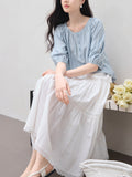 Blue Shirt Women's Round Collar 2025 Summer Dress New French Commuting Shirt Casual Loose Mid-Sleeve Top