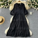 Retro Court Style Dress Women's Summer New High-End Temperament Splicing Lace Embroidered Long-Sleeved