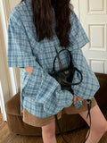 Long-Sleeved Lake Blue Plaid Shirt For Women's Summer New Retro Loose Niche Lazy Sunscreen
