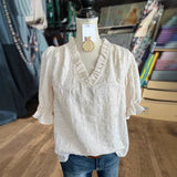 Women's New Square Texture Horn Sleeve Shirt V-Neck