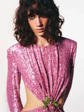 Shiny Sequins Hollow Backless Long Dress Elegant O-Neck Long Sleeve Flower Buckle Design Slim Dress Party Cocktail
