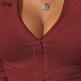 Women Front Zipper Ribbed Crop Top Autumn Solid Color Zip Long Sleeve V Neck Tight Knitwear T Shirts