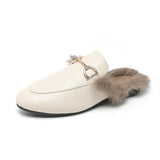 Half Slippers Woman 2025 Winter Real Rabbit Hair Round Head Lazy Man One Foot Outside Wearing Flat-Soled Muller Shoes Large-Size