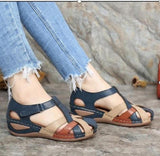 Women's Cold Slippers 2025 New Retro Coloring Round Head Hollow Slope And Cross-Buckle Sandals