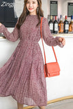 Elegant Stand Collar Floral Print Chiffon Dress Full Sleeve Fashion Women Dresses Spring A-line Long Pleated Dress 3603
