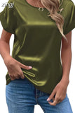 Summer Tops Woman Short Sleeve Silk Blouse Loose Casual O-Neck Solid Shirts Fashion Satin Clothing Elegant